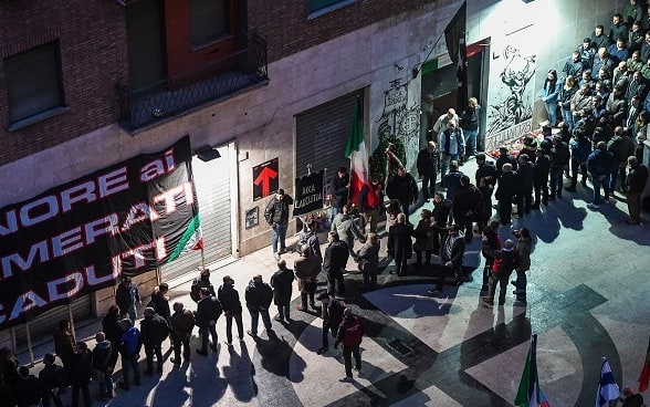 Casapound activists during the parade of the memorial on the 40th anniversary of the massacre of Msi (Movimento Soiciale Italiano - Right Party) headquater Acca Larenzia, in Rome, Italy, 07 January 2018. On January 7, 1978, Franco Bigonzetti, Francesco Ciavatta and Stefano Recchioni, three MSI activists, were killed in the MSI section of Acca Larentia in Rome. ANSA/ALESSANDRO DI MEO  