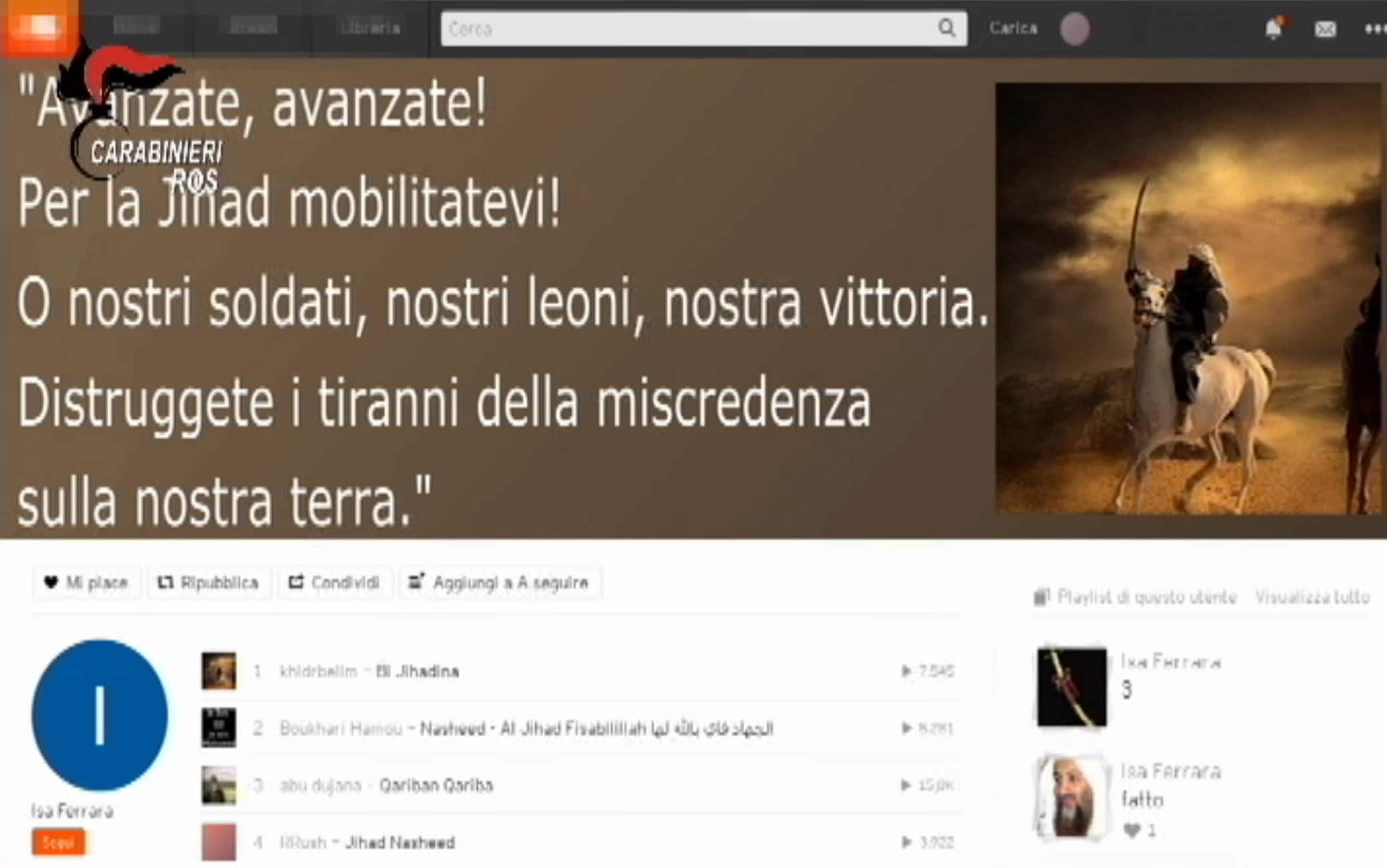 A handout frame made available by the Italian Carabinieri press office on 08 July  taken from a video of the Carabinieri shows the interceptions of an anti-terrorism operation that led to the arrest of Nicola Ferrara, 38 years old originally from Bari for apology and instigation to join ISIS in Milan, 08 July 2020.ANSA / ROS CARABINIERI HO EDITORIAL USE ONLY NO SALES