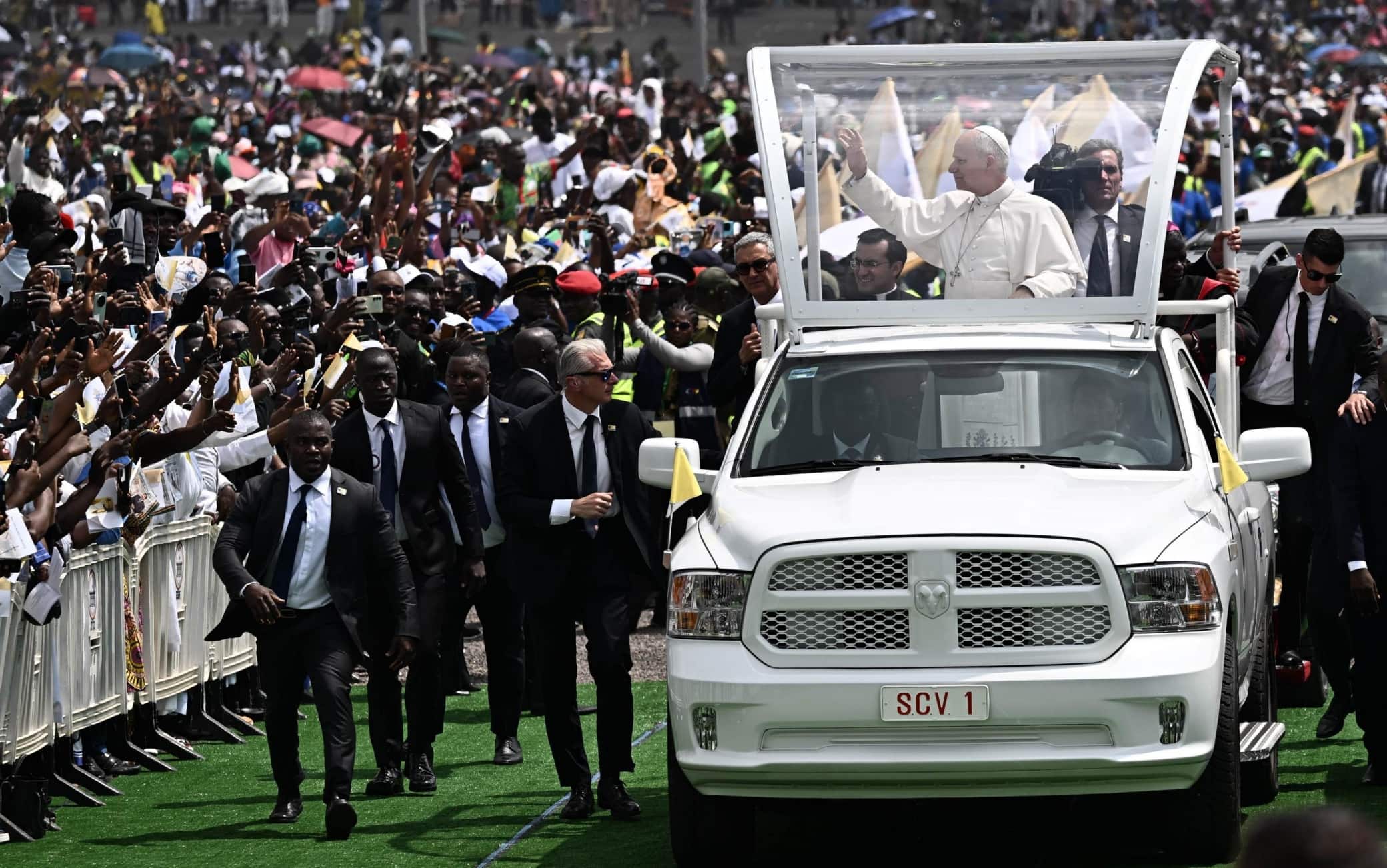 Pope Leo XIV arrives for lead Holy Mass in the area in front of Japoma Stadium, Douala, Cameroon, 17 April 2026. Pope Leo XIV is on apostolic journey to Cameroon. ANSA/LUCA ZENNARO
