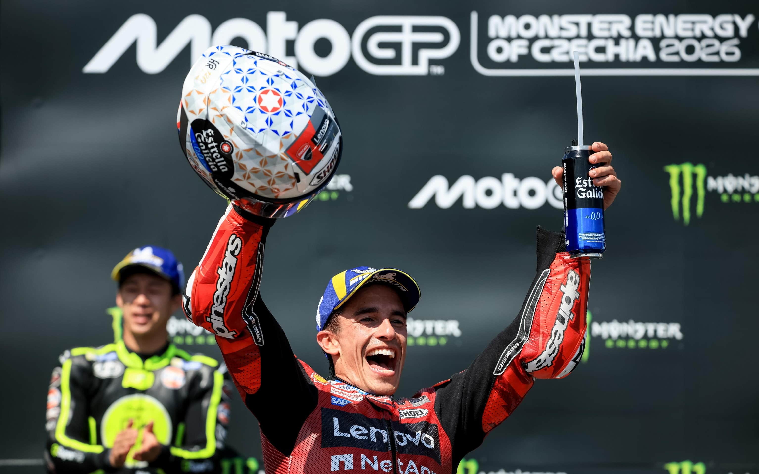 epa13053943 Spanish MotoGP rider Marc Marquez of Ducati Lenovo Team celebrates on the podium after winning the Motorcycling Grand Prix of the Czech Republic at the Masaryk Circuit in Brno, Czech Republic, 21 June 2026.  EPA/MARTIN DIVISEK