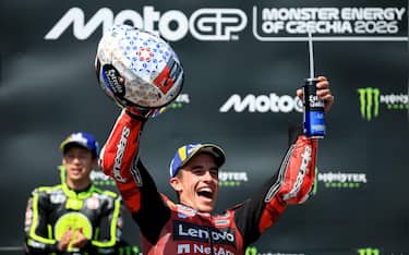 epa13053943 Spanish MotoGP rider Marc Marquez of Ducati Lenovo Team celebrates on the podium after winning the Motorcycling Grand Prix of the Czech Republic at the Masaryk Circuit in Brno, Czech Republic, 21 June 2026.  EPA/MARTIN DIVISEK