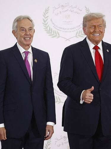 US President Donald Trump (R) and former British prime minister Tony Blair pose during a summit on Gaza in Sharm el-Sheikh on October 13, 2025. Trump landed in Egypt on October 13 for a summit on Gaza, following a lightning visit to Israel after a ceasefire he brokered entered into force (Photo by Yoan VALAT / POOL / AFP) (Photo by YOAN VALAT/POOL/AFP via Getty Images)          