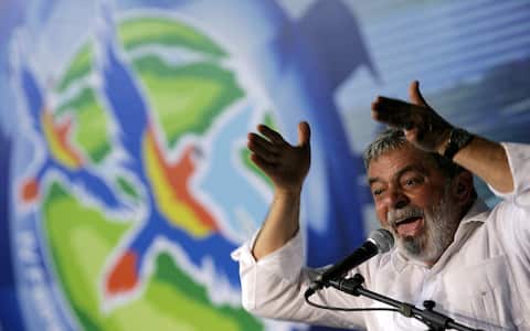 Brazilian President Luiz Inacio Lula da Silva delivers a speech during the opening of the IV International Amazon Fair in Manaus, northern Brazil, on September 10, 2008. AFP PHOTO/Mauricio LIMA (Photo credit should read MAURICIO LIMA/AFP via Getty Images)