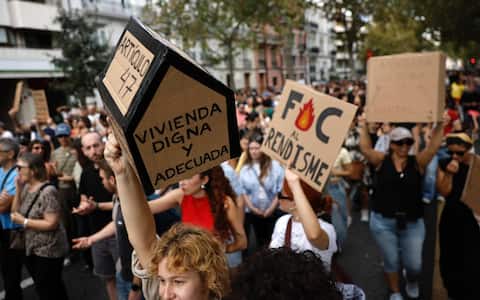 epa13278357 People take part in a demonstration against the housing crisis in Valencia, Spain, 03 October 2026. Several demonstrations across the main cities of Spain are calling on the authorities to solve the housing problems. The eviction of an 87-year-old woman from her rental home after 70 years on 23 September 2026 prompted people across the country to take to the streets against the ongoing housing crisis. The government failed on 02 October in its attempt to pass its proposed emergency housing decrees in the Lower Chamber of the Spanish Parliament.  EPA/Kai Forsterling