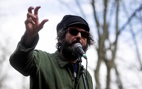 Vinicio Capossela la manifestazione a piazza Vittorio, Staffetta Antifascista in bicicletta in ricordo delle staffette partigiane nella lotta di liberazione, Roma, 24 marzo 2024. ANSA/ANGELO CARCONI