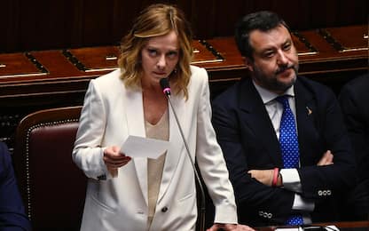 Prime Minister Giorgia Meloni (L) and Minister of Transports Matteo Salvini (R) at the Chamber of Deputies during the report on the upcoming European Council, Rome, Italy, 26 June 2024. ANSA/RICCARDO ANTIMIANI