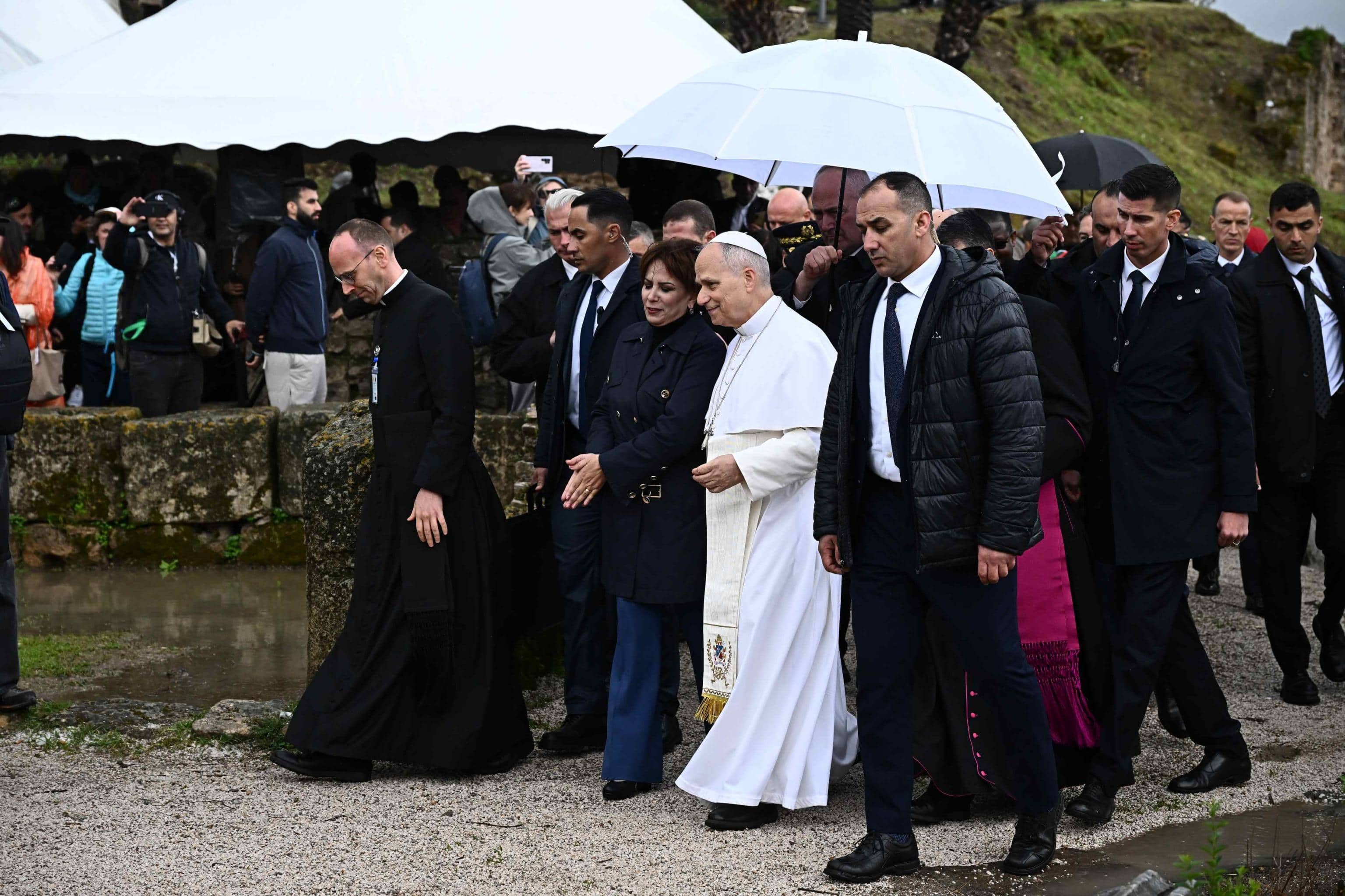Pope Leo XIV during the visit to the  archaeological site of Hippo, Annaba, Algeria 14 April 2026. Pope Leo XIV is on apostolic journey to Algeria. ANSA/LUCA ZENNARO
