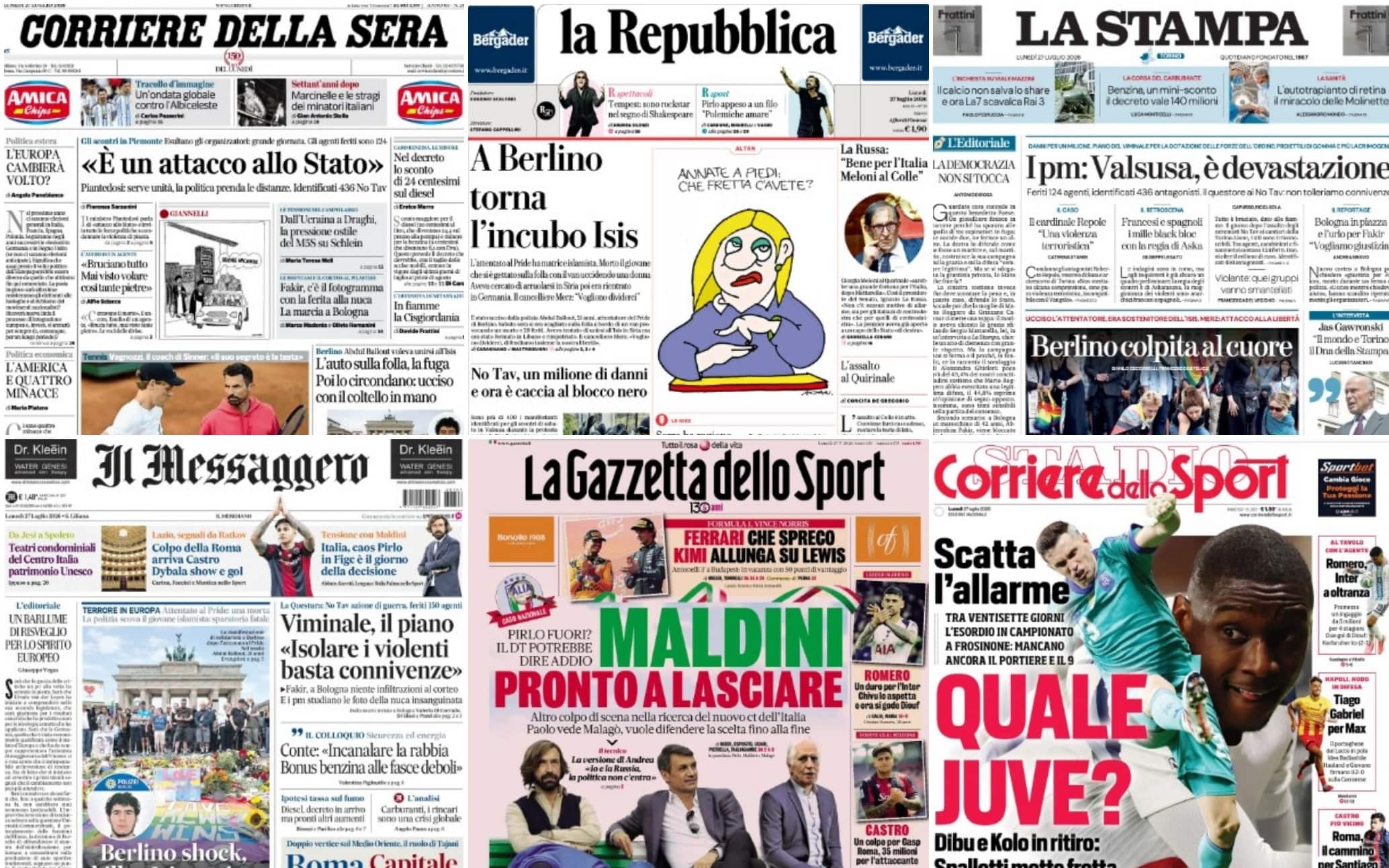 Le prime pagine dei quotidiani di oggi 27 luglio: la rassegna stampa