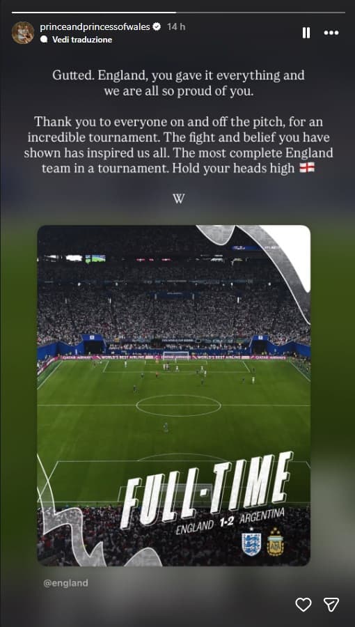 Il messaggio del principe William sui social dopo la sconfitta dell'Inghilterra contro l'Argentina ai Mondiali di calcio 2026