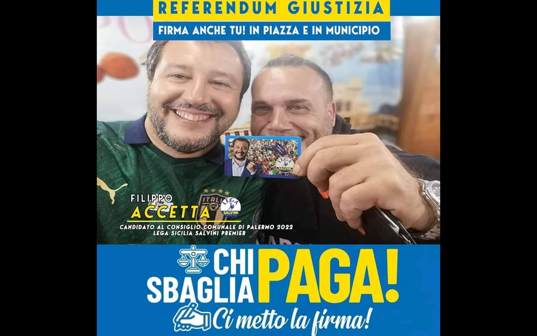 Una locandina elettorale di Filippo Accetta con il leader della Lega Matteo  Salvini.ANSA