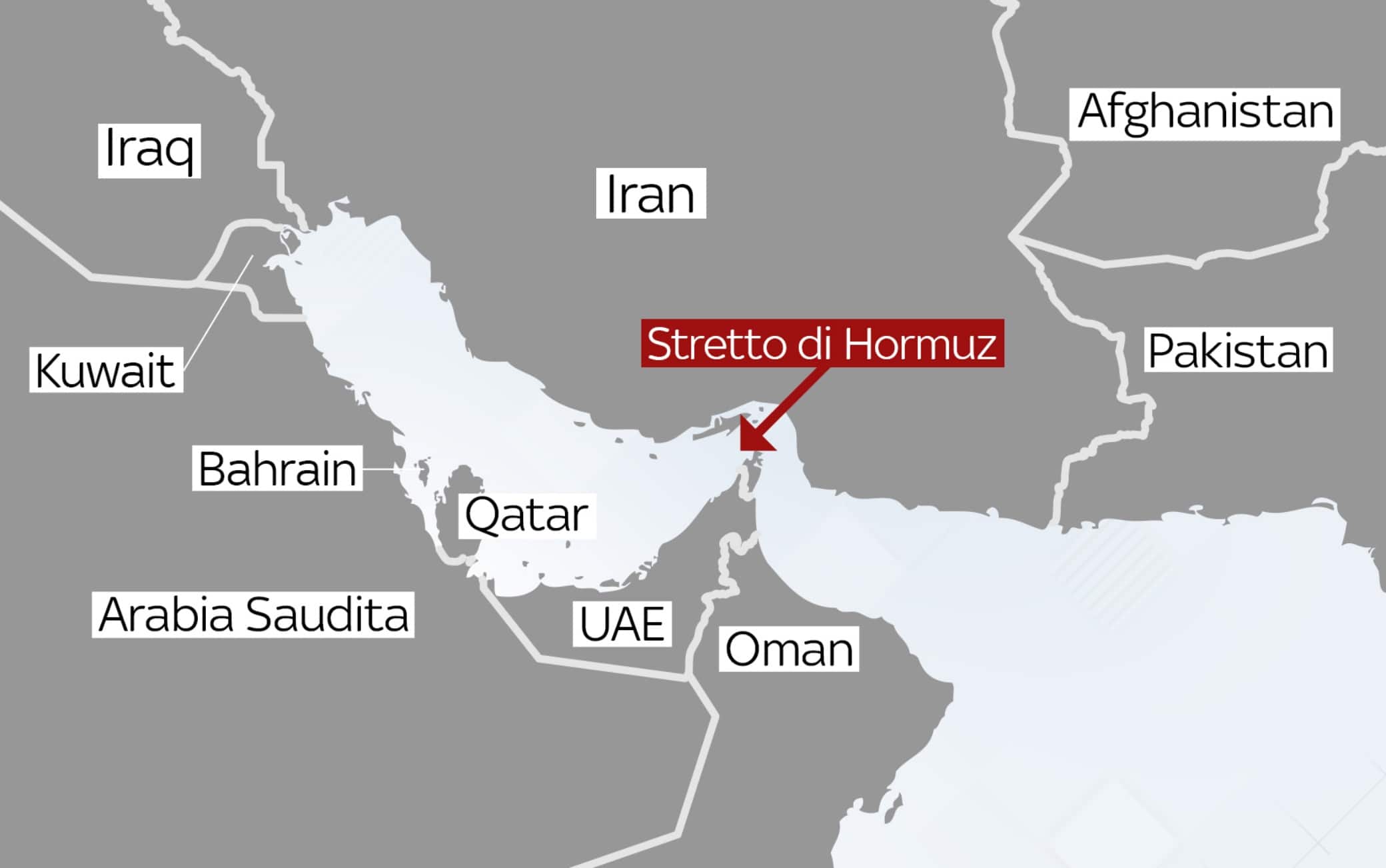 Una mappa della regione intorno allo Stretto di Hormuz