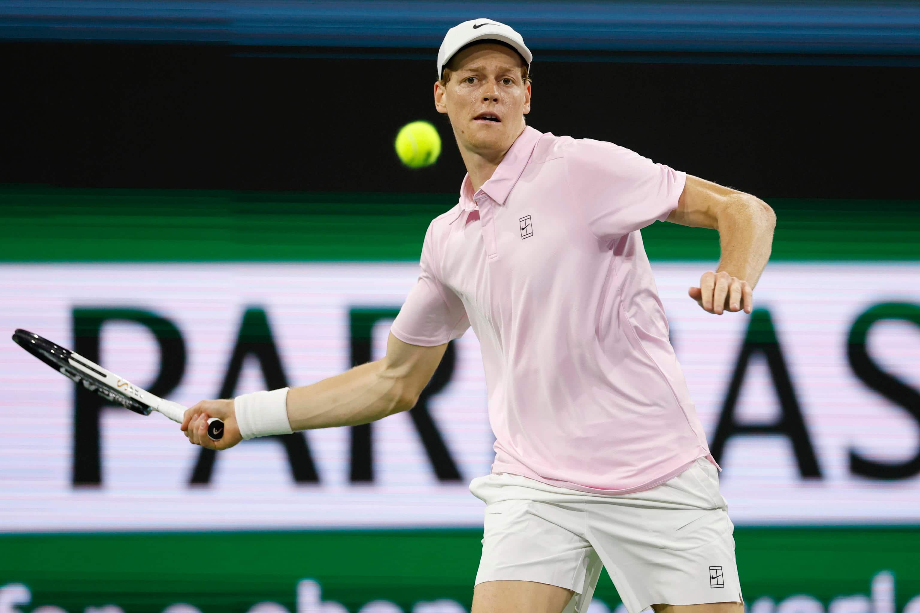 epa12800779 Jannik Sinner of Italy in action during his men's singles match against Dalibor Svrcina of Czech Republic on day 3 of the BNP Paribas Open tennis tournament in Indian Wells, California, USA, 06 March 2026.  EPA/JOHN G. MABANGLO