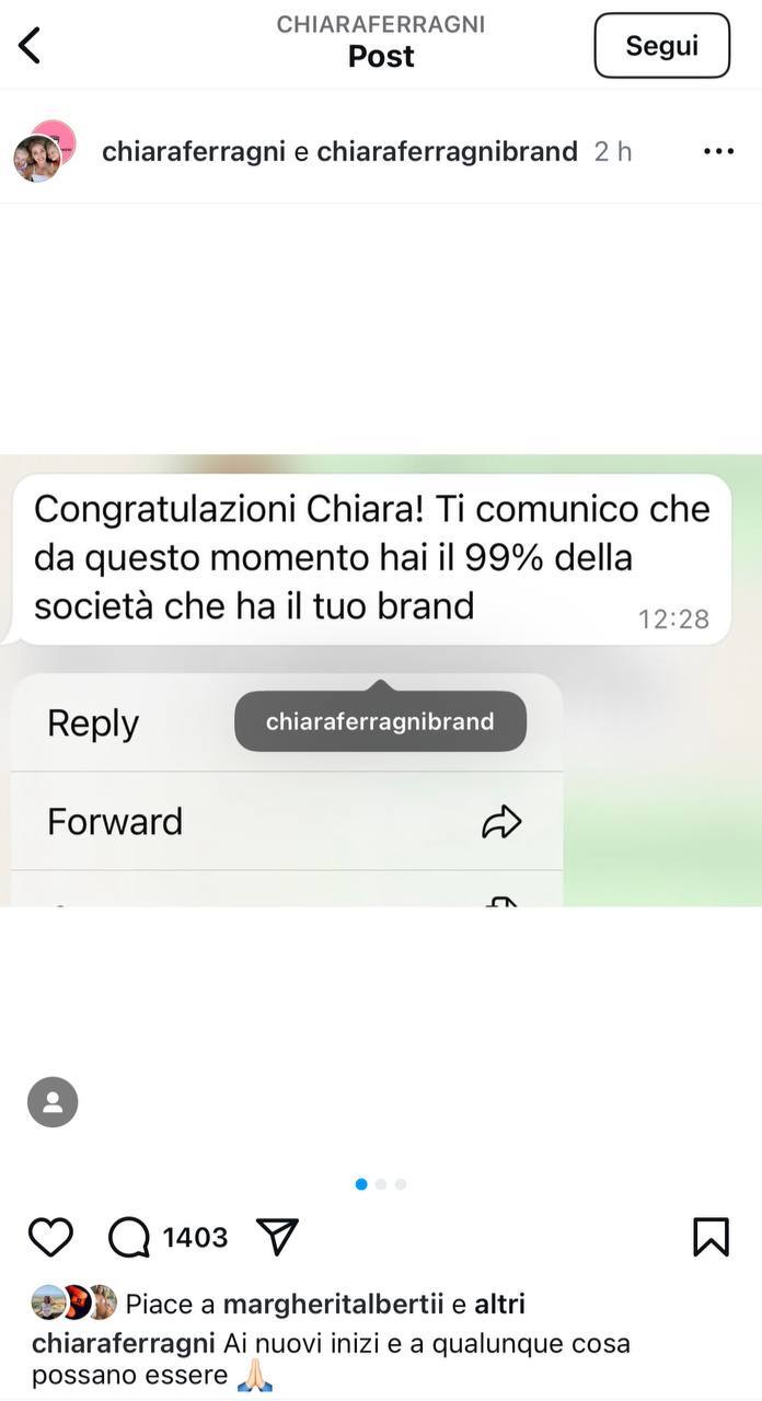 Prima pagina del Post pubblicato oggi da Chiara Ferragni su Instagram