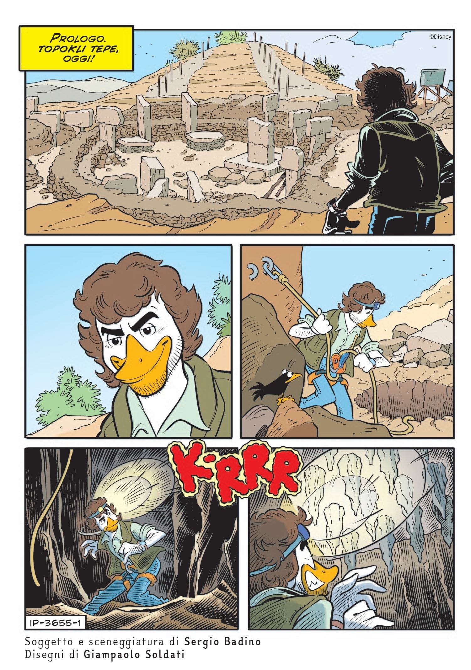 Una tavola di "Topolino e l’enigma di Topokli Tepe" prima storia che vede Alberto Angela paperizzato nel ruolo di Albert Quarky