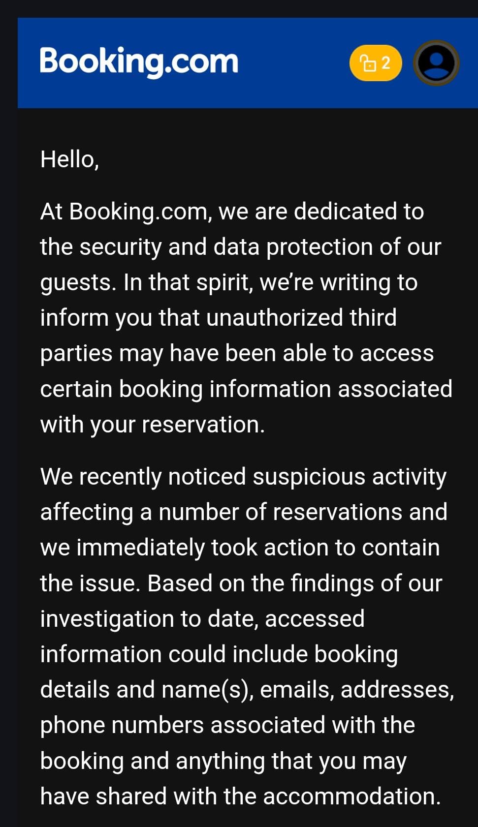 La mail inviata da Booking.com agli utenti