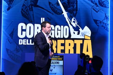 Matteo Salvini durante il Congresso Federale della Lega   Il coraggio della Liberta    alla Fortezza da Basso di Firenze 5 e 6 Aprile Firenze 05 Aprile   2025./// League leader Matteo Salvini during the Federal Congress of his party at the Fortezza da Basso in Florence, Italy, 06 April 2025. ANSA/CLAUDIO GIOVANNINI