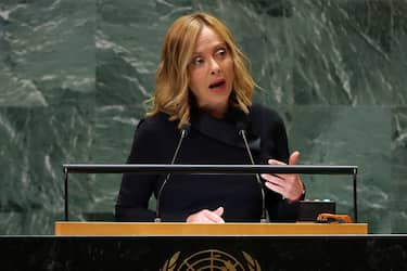 Italy's Prime Minister Giorgia Meloni speaks during the 79th Session of the United Nations General Assembly at the United Nations headquarters in New York City on September 24, 2024. (Photo by Charly TRIBALLEAU / AFP) (Photo by CHARLY TRIBALLEAU/AFP via Getty Images)