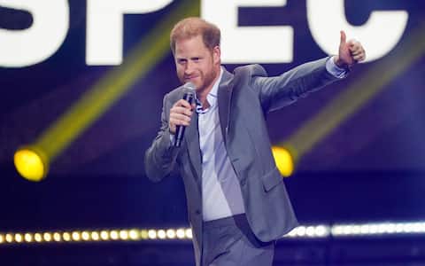 DUSSELDORF, GERMANY - SEPTEMBER 9: Prince Harry, Duke of Sussex onstage during the Opening Ceremony of the Invictus Games 2023 at the Merkur Spiel-Arena on September 9, 2023 in Dusseldorf, Germany. (Photo by Joris Verwijst/BSR Agency/Getty Images)