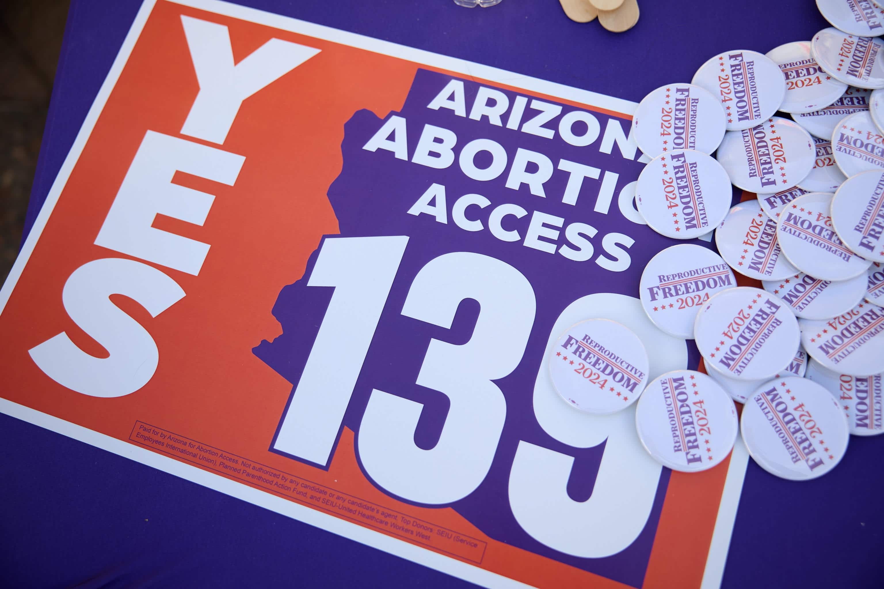 epa11704250 A sign is displayed to get students to vote yes on Proposition 139, for abortion access, on Election Day at Arizona State University in Tempe, Arizona, USA, 05 November 2024. Voters across the country are casting ballots today for President of the United States in a tightly contested race between Republican presidential candidate Donald J. Trump and Democratic presidential candidate US Vice President Kamala Harris, as well as for candidates in Senate and Congressional races.  EPA/ALLISON DINNER