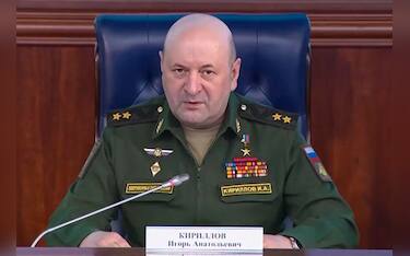 epa11781843 A handout still image taken from a handout video provided on 24 October 2022 by the Russian Defence ministry press-service shows Russian Lieutenant General Igor Kirillov, in charge of Russian troops for radioactive, chemical and biological protection, speaking at a briefing in Moscow, Russia (issued 17 December 2024).  The head of the radiation, chemical and biological defense troops of the Russian Armed Forces, Igor Kirillov, and his assistant were killed as a result of a homemade bomb explosion in Moscow , the Russian Investigative Committee reported.  EPA/RUSSIAN DEFENCE MINISTRY PRESS SERVICE/HANDOUT HANDOUT  HANDOUT EDITORIAL USE ONLY/NO SALES