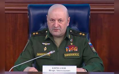 epa11781843 A handout still image taken from a handout video provided on 24 October 2022 by the Russian Defence ministry press-service shows Russian Lieutenant General Igor Kirillov, in charge of Russian troops for radioactive, chemical and biological protection, speaking at a briefing in Moscow, Russia (issued 17 December 2024).  The head of the radiation, chemical and biological defense troops of the Russian Armed Forces, Igor Kirillov, and his assistant were killed as a result of a homemade bomb explosion in Moscow , the Russian Investigative Committee reported.  EPA/RUSSIAN DEFENCE MINISTRY PRESS SERVICE/HANDOUT HANDOUT  HANDOUT EDITORIAL USE ONLY/NO SALES