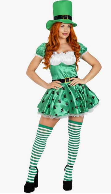 Vestito da donna per San Patrizio, taglia S, con stampa trifoglio verde, con corsetto e cintura, costume da leprechaun irlandese da rugby