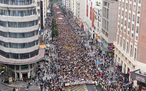 epa13278370 Protesters participate in a demonstration calling for the authorities to address the ongoing housing problems, in Madrid, Spain, 03 October 2026, a day after housing decrees introduced by the Spanish government to tackle