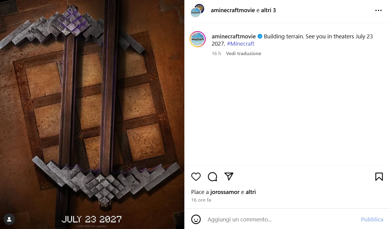 L'annuncio di Un film Minecraft 2 sui social - foto tratta dal profilo ufficiale Warner Bros.
