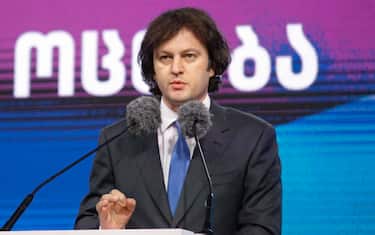 epa11677951 Georgian Prime Minister of Georgia Irakli Kobakhidze, addresses a pre-election rally for the Georgian Dream party in Tbilisi, Georgia, 23 October 2024. Parliamentary elections in Georgia will be held on October 26.  EPA/DAVID MDZINARISHVILI