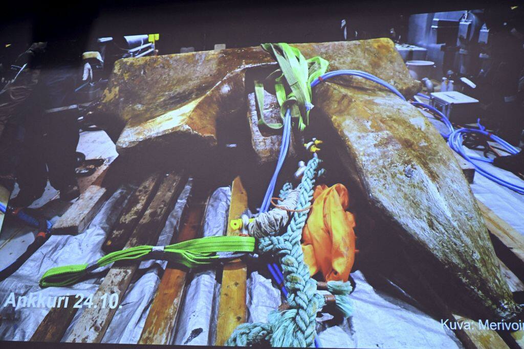 A screen shows a photo by the Finnish Border Guard of an anchor during a joint press conference of the investigation of the possible attack on the Balticconnector gas line on October 8, 2023 between Finland and Estonia at the headquarters of the National Bureau of Investigation in Vantaa, Finland on October 24, 2023. Finnish police said they have recovered a ship's anchor likely belonging to a Chinese vessel that appears to have caused the damage to its gas pipeline in October 8, 2023. (Photo by Heikki Saukkomaa / Lehtikuva / AFP) / Finland OUT (Photo by HEIKKI SAUKKOMAA/Lehtikuva/AFP via Getty Images)