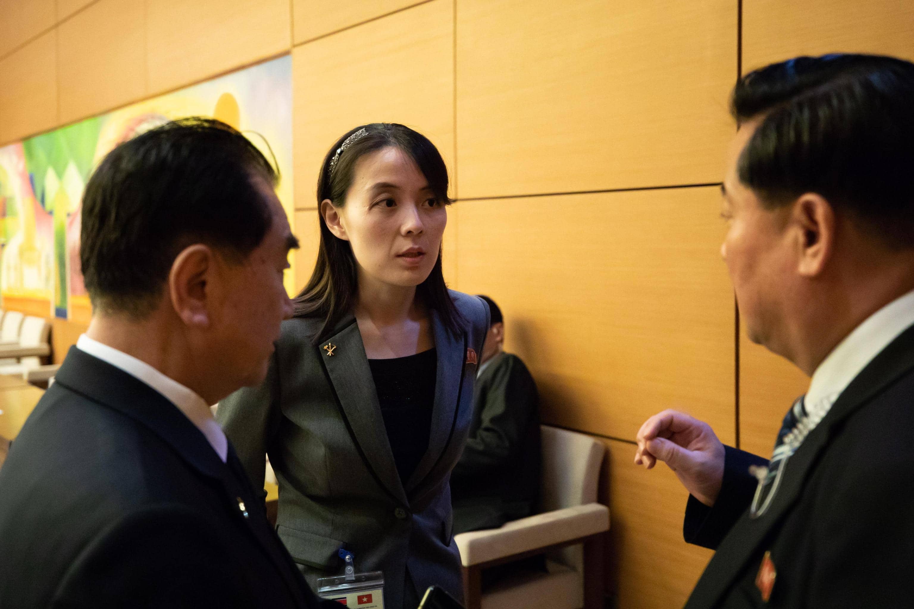 epa07406043 Kim Yo Jong (C), sister of North Korean leader Kim Jong Un, speaks with North Korean officials during a bilateral meeting with the chairwoman of Vietnam's National Assembly, at the National Assembly in Hanoi, Vietnam, 01 March 2019. Kim will have a long train ride home through China to think about what went wrong in his second summit with Donald Trump and how to keep it from reversing his gains of the past year. Others are not identified.  EPA/SEONG JOON CHO / POOL