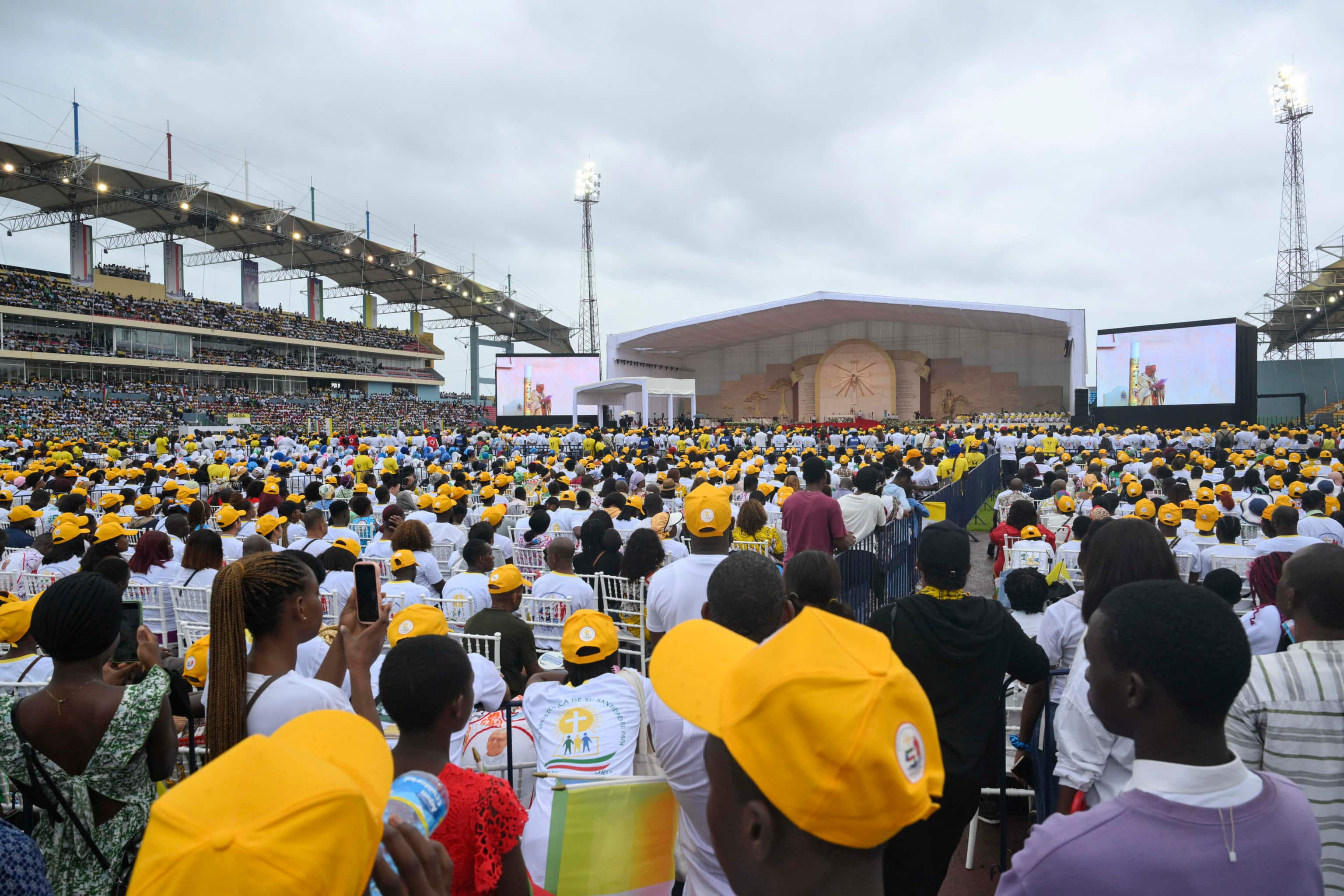 A handout picture, provided by Vatican Media Press Office, shows Pope Leo XIV during the Holy Mass in the Malabo Stadium, Malabo,  Equatorial Guinea, 23 April 2026. Pope Leo XIV is on apostolic journey  to Equatorial Guinea.  ANSA/VATICAN MEDIA +++ ANSA PROVIDES ACCESS TO THIS HANDOUT PHOTO TO BE USED SOLELY TO ILLUSTRATE NEWS REPORTING OR COMMENTARY ON THE FACTS OR EVENTS DEPICTED IN THIS IMAGE - NO ARCHIVING - NO LICENSING - NPK +++