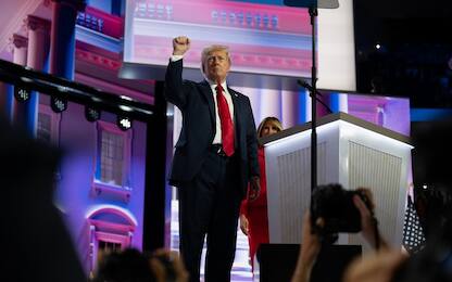 Former US President Donald J Trump speaks at the Republican National Convention in Milwaukee, Wisconsin at the Fiserv Forum on Thursday, July 18, 2024. Monday night was Trump’s first appearance since a rally in Pennsylvania, where he sustained injuries from an alleged bullet grazing his ear. Trump recounted the story in his speech, and also talked about Biden, immigration, and other topics. 
Credit: Annabelle Gordon / CNP/Sipa USA