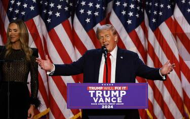 WEST PALM BEACH, FLORIDA - NOVEMBER 06: Republican presidential nominee, former U.S. President Donald Trump speaks during an election night event at the Palm Beach Convention Center on November 06, 2024 in West Palm Beach, Florida. Americans cast their ballots today in the presidential race between Republican nominee former President Donald Trump and Vice President Kamala Harris, as well as multiple state elections that will determine the balance of power in Congress.   Joe Raedle/Getty Images/AFP (Photo by JOE RAEDLE / GETTY IMAGES NORTH AMERICA / Getty Images via AFP)