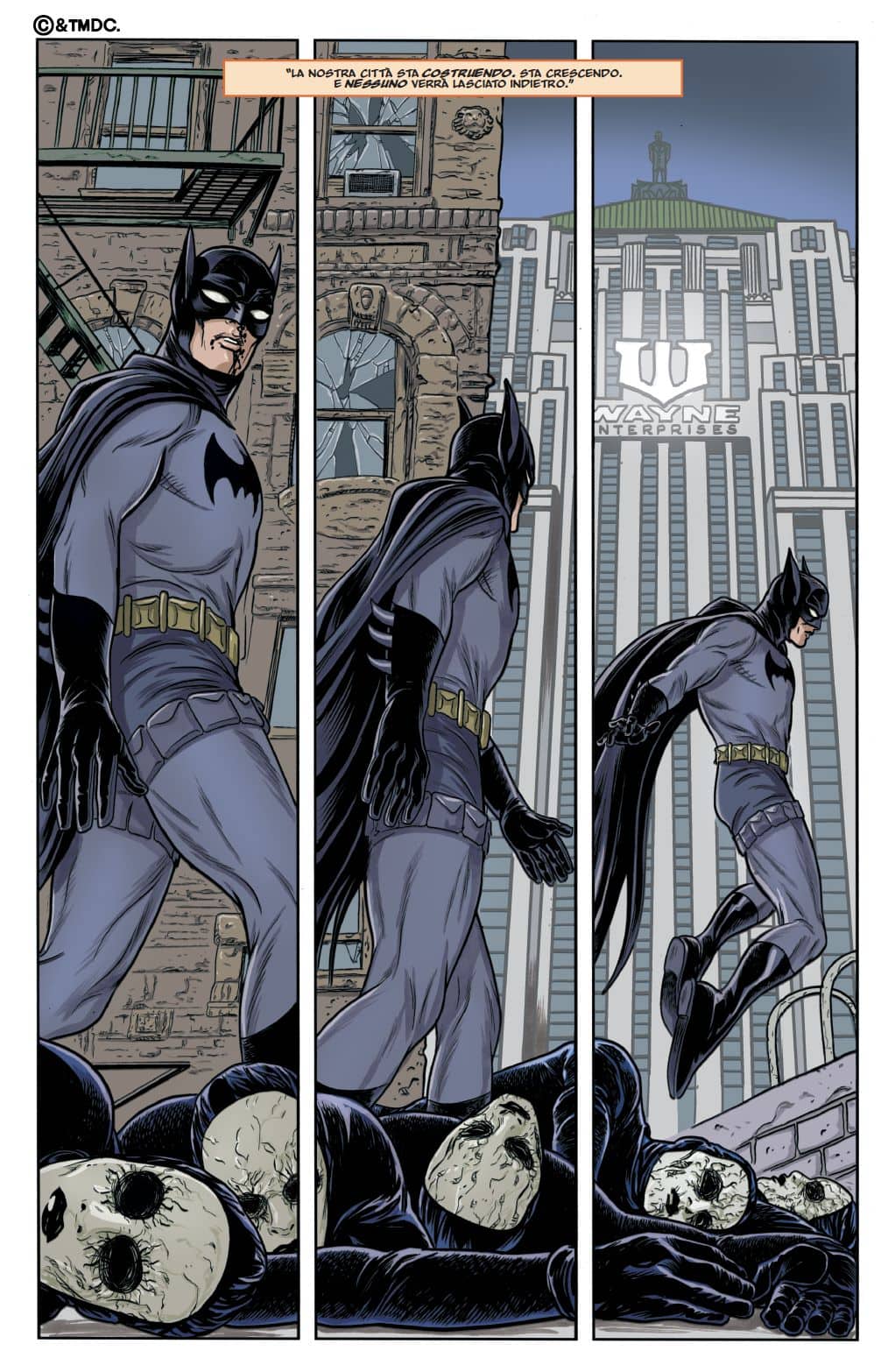 Una tavola tratta da Batman: L'Era Oscura di Mark Russell e Mike Allred (Panini DC)