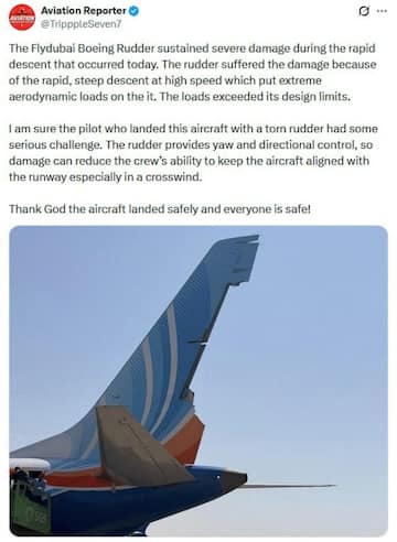 L'aereo Flydubai danneggiato, 30 settembre 2026. X / Aviation Reporter +++ATTENZIONE LA FOTO NON PUO' ESSERE PUBBLICATA O RIPRODOTTA SENZA L'AUTORIZZAZIONE DELLA FONTE DI ORIGINE CUI SI RINVIA+++ NPK                  +++