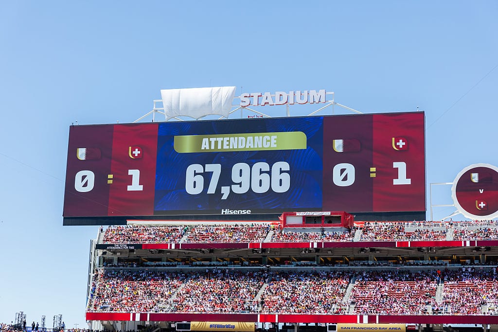 SANTA CLARA, CA - JUNE 13: The attendance is shown on the video board during the FIFA World Cup 2026 Group B match between Qatar and Switzerland on June 13, 2026 at San Francisco Bay Area Stadium in Santa Clara, CA. (Photo by Matthew Huang/Icon Sportswire via Getty Images)