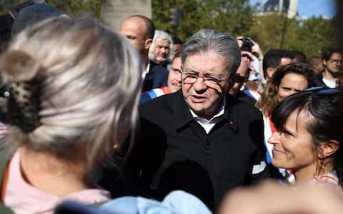IPA89365362 - La France Insoumise (LFI) candidate in France's 2027 presidential election Jean-Luc Melenchon, arrives with LFI's MP Carlos Martens Bilongo, LFI's MP Manuel Bompard, arrives at the start of a demonstration part of a nationwide day of actions called by high-school students, joined by unions and teachers, who for days have been demanding better learning conditions in protests punctuated by violent confrontations in Paris on October 6, 2026. Students have blocked the entrances to hundreds of high schools for 15- to 17-year-olds since late September, complaining of missing teachers, overloaded timetables, dilapidated classrooms and buildings that cannot cope with rising temperatures. Photo by Raphael Lafargue/ABACAPRESS.COM
