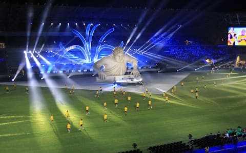 La cerimonia di apertura dei XX Giochi del Mediterraneo, Taranto, 21 agosto 2026. ///// The opening ceremony of the XX Mediterranean Games in Taranto, Italy, 21 August 2026. ANSA/RENATO INGENITO