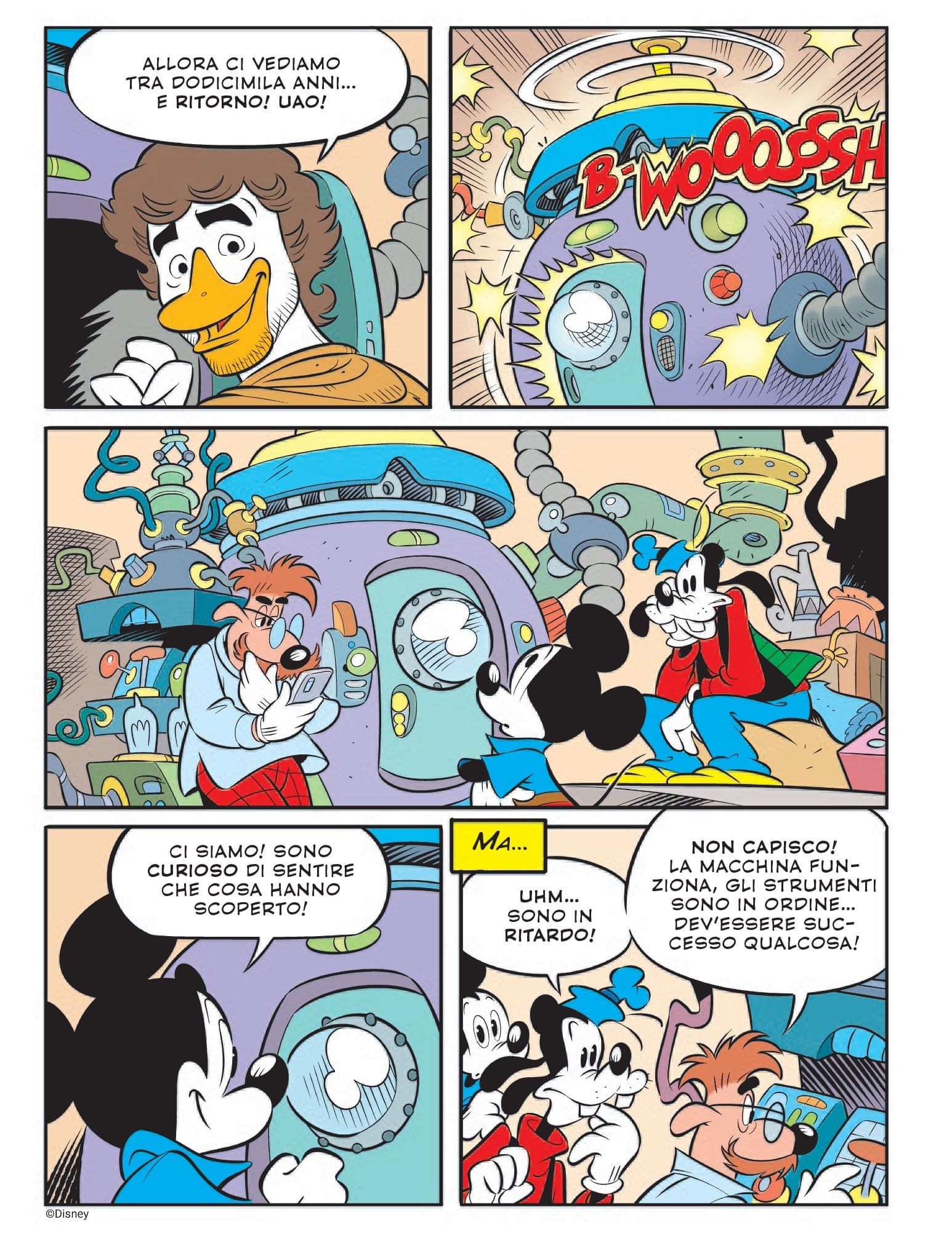 Una tavola di "Topolino e l’enigma di Topokli Tepe" prima storia che vede Alberto Angela paperizzato nel ruolo di Albert Quarky