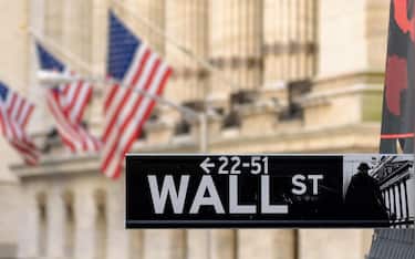 Wall street sign in New York with New York Stock Exchange background, New York, NY