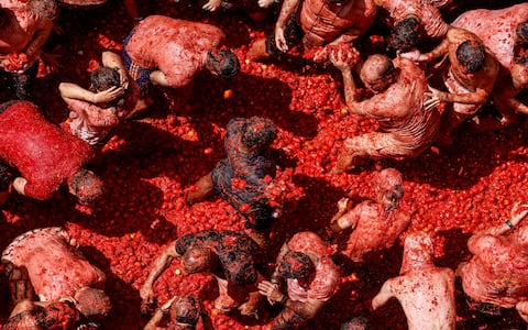 IPA87805461 - August 26, 2026, BuÃ±Ol, Valencia (Valencian Comm, Spain: Several participants in the Tomatina festival in BuÃ±ol celebrate during the event on 26 August 2026, in BuÃ±ol, Valencia, Valencian Community (Spain). La Tomatina is always held on the last Wednesday in August, as part of BuÃ±olâ€™s festival week, and involves participants throwing tomatoes at one another. Seven lorries were needed to transport the 150,000 kilos of tomatoes that were thrown in this unusual battle, which this year marks its 79th anniversary.[**********]..26 AUGUST 2026;CELEBRATIONS;TRADITION;FESTIVAL;EVENT;CULTURE..Rober Solsona / Europa Press..08/26/2026 (Credit Image: © Rober Solsona/Contacto via ZUMA Press)