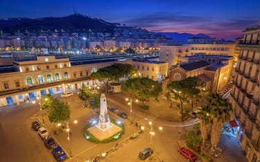 Salerno, Italy cityscape over Pizza Vittorio Veneto and the main station at dawn.