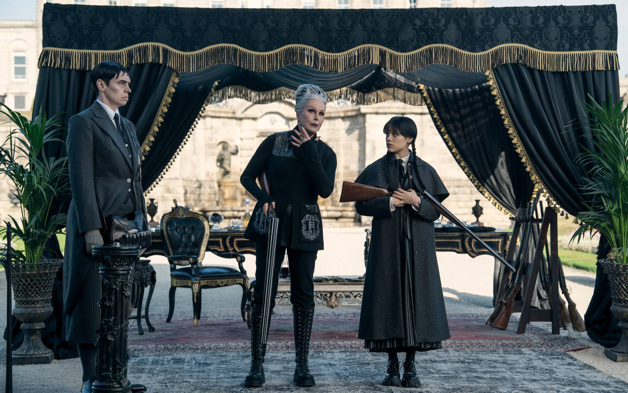 Wednesday. (L to R) Liv Spencer as Varicose, Joanna Lumley as Grandmama, Jenna Ortega as Wednesday Addams in episode 206 of Wednesday. Cr. Bernard Walsh/Netflix © 2025