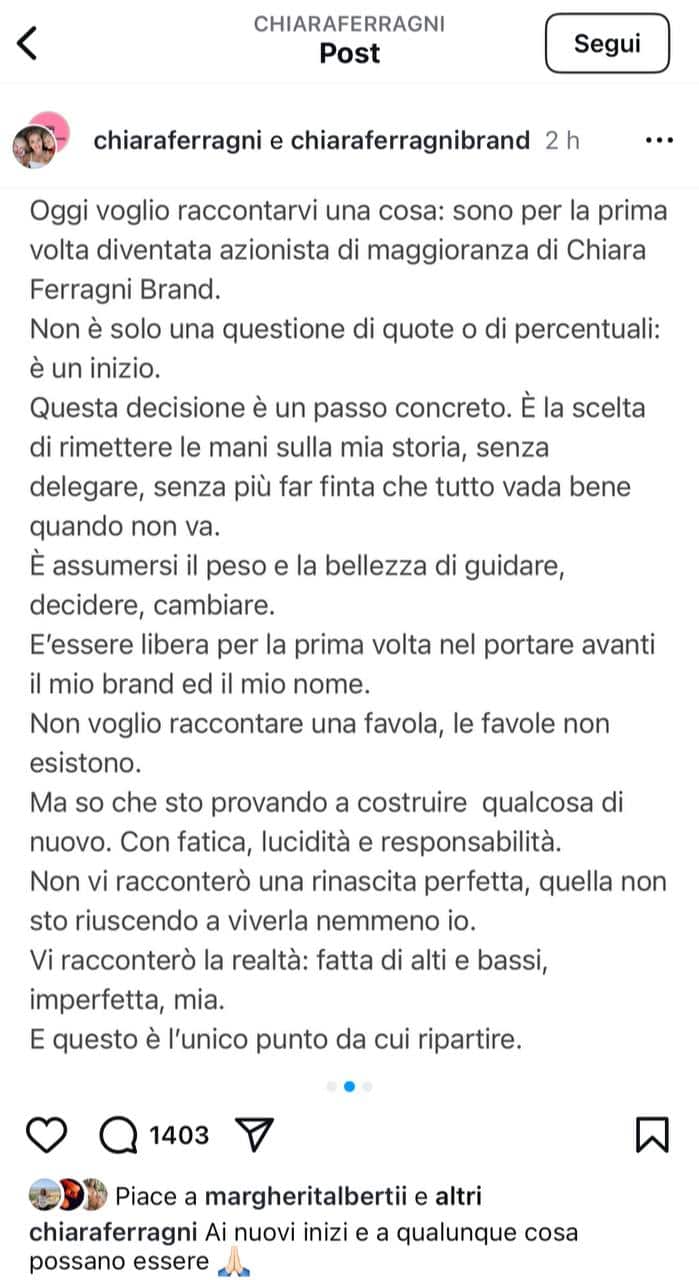 Seconda pagina del Post pubblicato oggi da Chiara Ferragni su Instagram