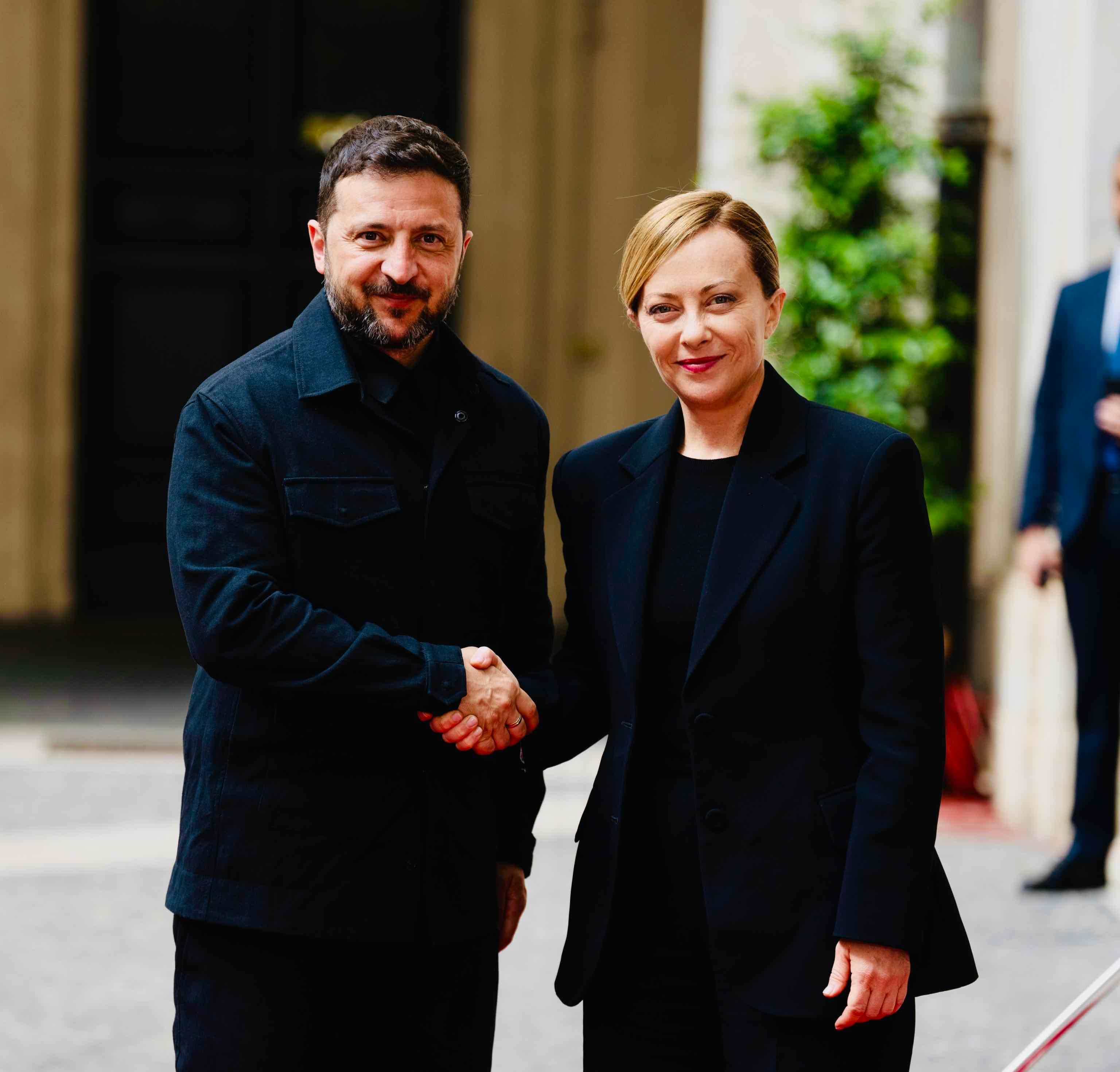 Italian Prime Minister Giorgia Meloni meets Ukrainian President Volodymyr Zelensky at Chigi Palace, in Rome, Italy, 26 April 2025.
ANSA/ CHIGI PALACE PRESS OFFICE/ FILIPPO ATTILI
+++ ANSA PROVIDES ACCESS TO THIS HANDOUT PHOTO TO BE USED SOLELY TO ILLUSTRATE   NEWS REPORTING OR COMMENTARY ON THE FACTS OR EVENTS DEPICTED IN THIS IMAGE; NO  ARCHIVING; NO LICENSING +++ NPK +++