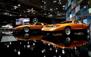 epa07496360 A 1954 Mercedes-Benz 300 SL Gullwing (W 198) (L), a 1970 Mercedes-Benz C111-II (C) and a 1969 Mercedes-Benz C111 (R) on display during the 'Techno Classica' fair for classic and vintage cars in Essen, Germany, 10 April 2019. The world fair for classic and vintage cars takes place from 10 April to 14 April 2019.  EPA/FRIEDEMANN VOGEL