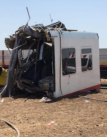 The trains wreckage at the site of the head-on commuter train collision occurred Tuesday between the towns of Andria and Corato, in the southern Puglia region, Italy, 13 July 2016. The death toll has risen to 23 dead and 50 injured, while four people are still missing. Local prosecutors have launched a multiple manslaughter probe into the crash that took place on a single track, and may have been caused by human error. ANSA/ MILENA DI MAURO