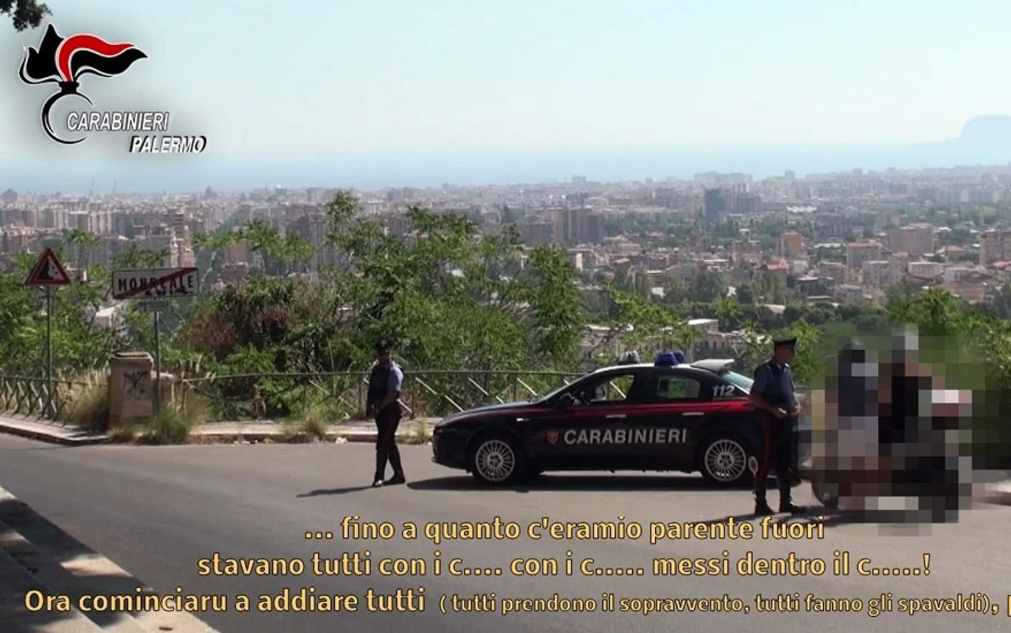 Un fermo immagine tratto da un video dei carabinnieri di Palermo, 5 luglio 2021: I carabinieri del Comando provinciale di Palermo e la Direzione Investigativa Antimafia hanno eseguito un'ordinanza di custodia cautelare nei confronti di 85 persone accusate a vario titolo di associazione mafiosa, concorso esterno in associazione mafiosa, associazione finalizzata al traffico di droga, reati in materia di armi, estorsione e corruzione. Sono 63 le persone che sono state portate in carcere, 18 agli arresti domiciliari e 4 sottoposte a obblighi di dimora e presentazione alla polizia giudiziaria. L'operazione, che si è svolta nella provincia di Palermo e in altre regioni italiane, è stata coordinata dalla Dda.ANSA/CARABINIERI EDITORIAL USE ONLY NO SALES