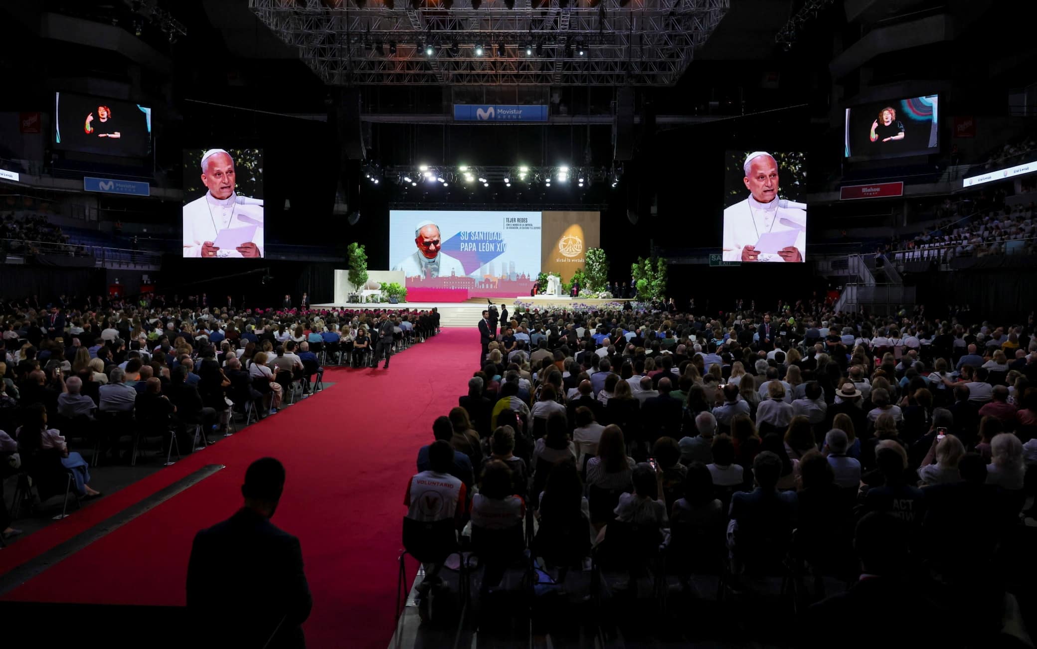 epa13022740 A general view as Pope Leo XIV presides over the event entitled 'Weaving networks with the world of Culture, Education, Business and Sport', at the Movistar Arena in Madrid, Spain, 07 June 2026. Pope Leo XIV is undertaking an official six-day visit to Spain from 06 to 12 June 2026, covering Madrid, Barcelona, and the Canary Islands.  EPA/KIKO HUESCA